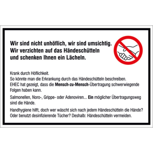 Hygieneaushang Händeschütteln vermeiden, "Händeschütteln vermeiden!"