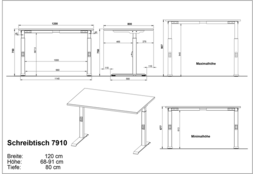 Höhenverstellbarer Schreibtisch GW-MAILAND 7910 Technische Zeichnung 1 L