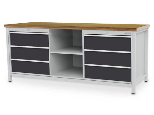 Bedrunka + Hirth Werkbank mit Rückwand, 6 Schubladen, 2 Ablageböden, RAL7035 Lichtgrau/RAL7016 Anthrazitgrau Standard 1 L