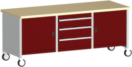 bott Fahrbare Kastenwerkbank cubio, 3 Schubladen, 2 Schränke, RAL7035 Lichtgrau/RAL3004 Purpurrot