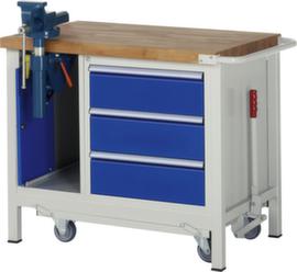 RAU Werkbank Serie 8000, 3 Schubladen, 1 Schrank, 1 Schraubstock, RAL7035 Lichtgrau/RAL5010 Enzianblau