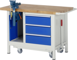 RAU Werkbank Serie 8000, 3 Schubladen, 1 Schrank, 1 Schraubstock, RAL7035 Lichtgrau/RAL5010 Enzianblau