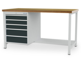 Bedrunka + Hirth Werkbank mit Buche-Multiplexplatte, 5 Schubladen, 1 Schrank, 1/2 Ablageboden, RAL7035 Lichtgrau/RAL7016 Anthrazitgrau