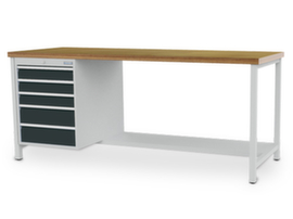 Bedrunka + Hirth Werkbank mit Buche-Multiplexplatte, 5 Schubladen, 1 Schrank, 1/2 Ablageboden, RAL7035 Lichtgrau/RAL7016 Anthrazitgrau