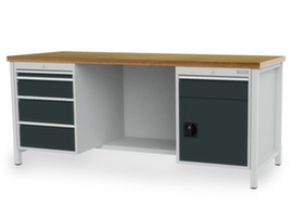 Bedrunka + Hirth Werkbank mit Buche-Multiplexplatte, 5 Schubladen, 1 Schrank, 1/2 Ablageboden, RAL7035 Lichtgrau/RAL7016 Anthrazitgrau