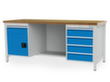 Bedrunka + Hirth Werkbank mit Rückwand, 5 Schubladen, 1 Schrank, 1/2 Ablageboden, RAL7035 Lichtgrau/RAL5012 Lichtblau