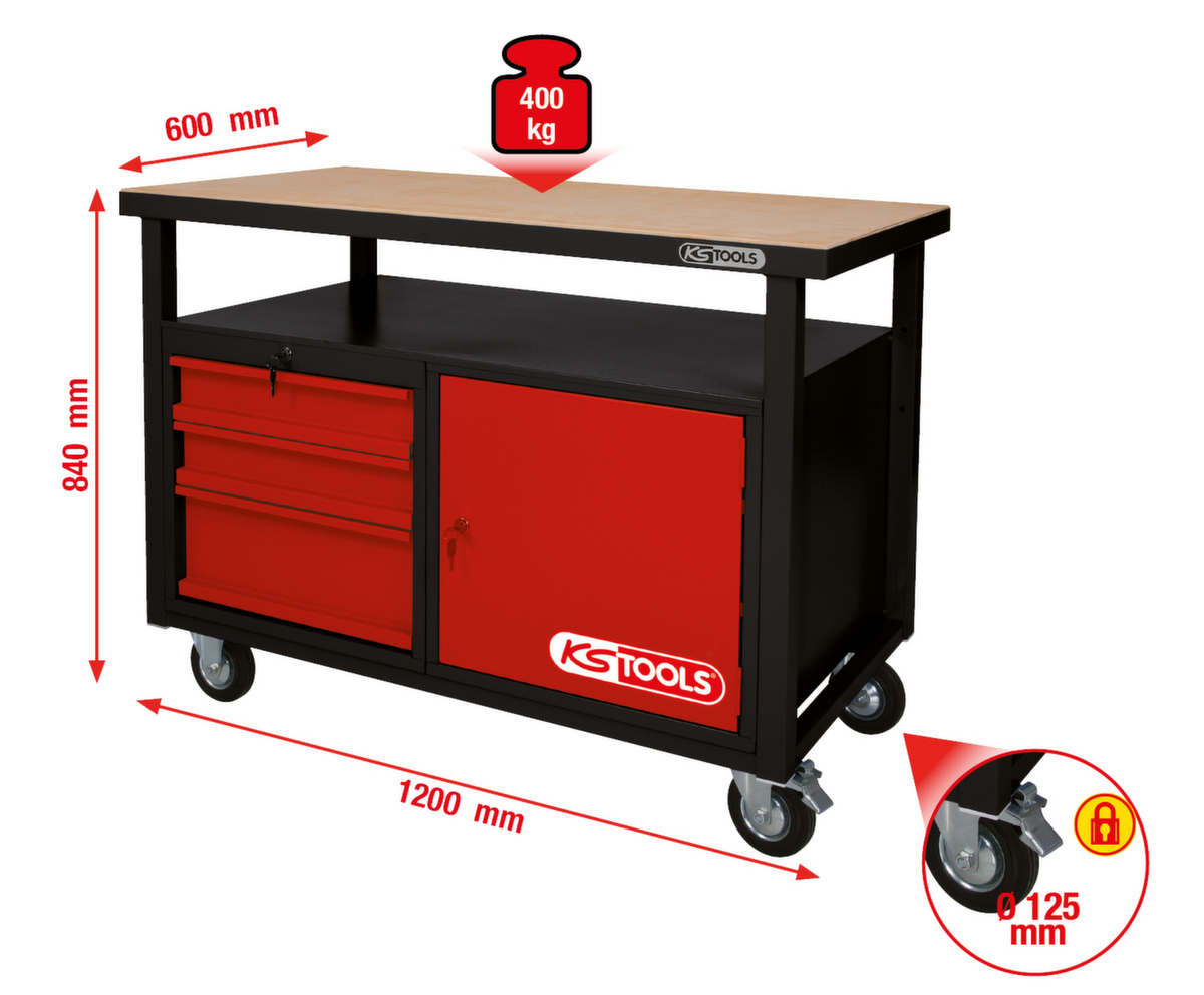 KS Tools Fahrbare Werkbank mit 3 Schubladen und 1 Tür Standard 2 ZOOM