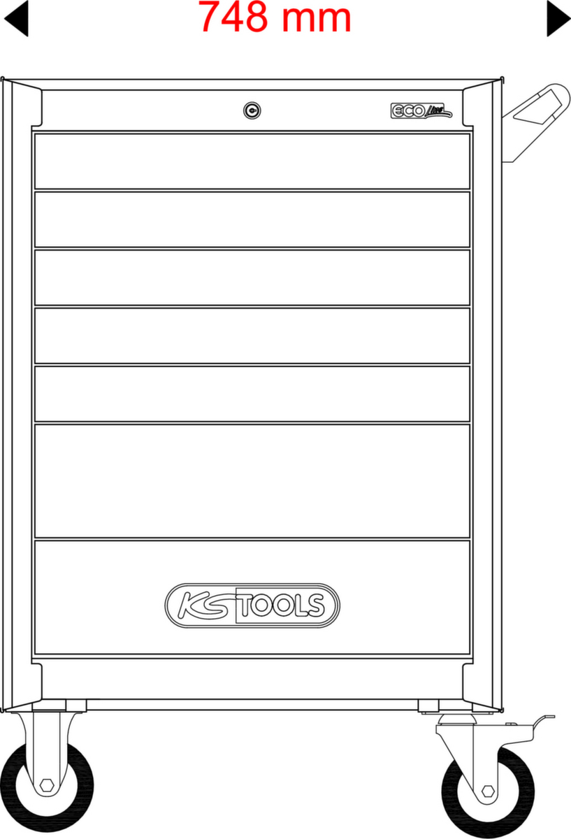 KS Tools ECOline SCHWARZ/ROT Werkstattwagen mit 7 Schubladen und 215 Premium-Werkzeugen Technische Zeichnung 4 ZOOM