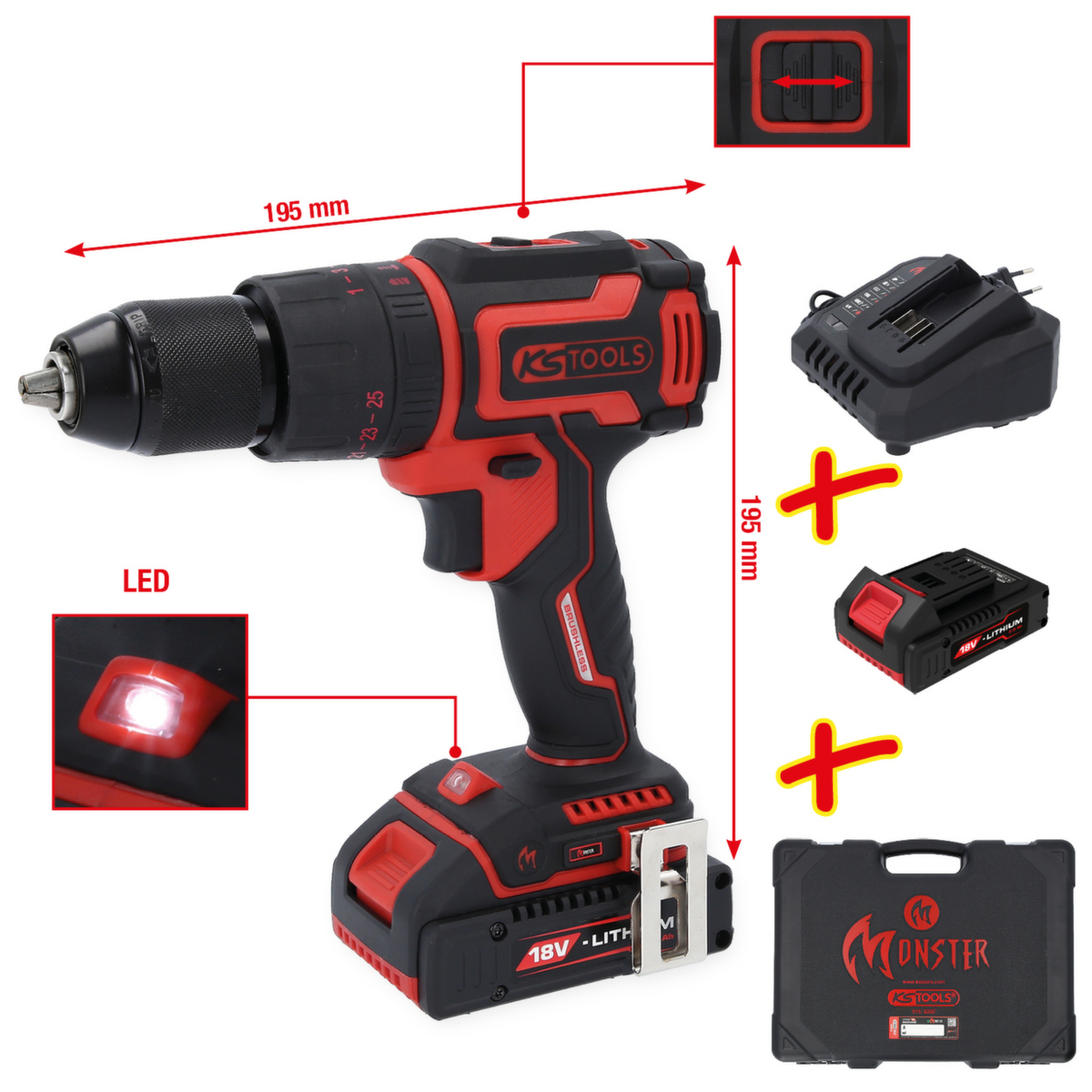 KS Tools eMONSTER Brushless-Akku-Schlag-Bohr-Schrauber-Satz Standard 2 ZOOM