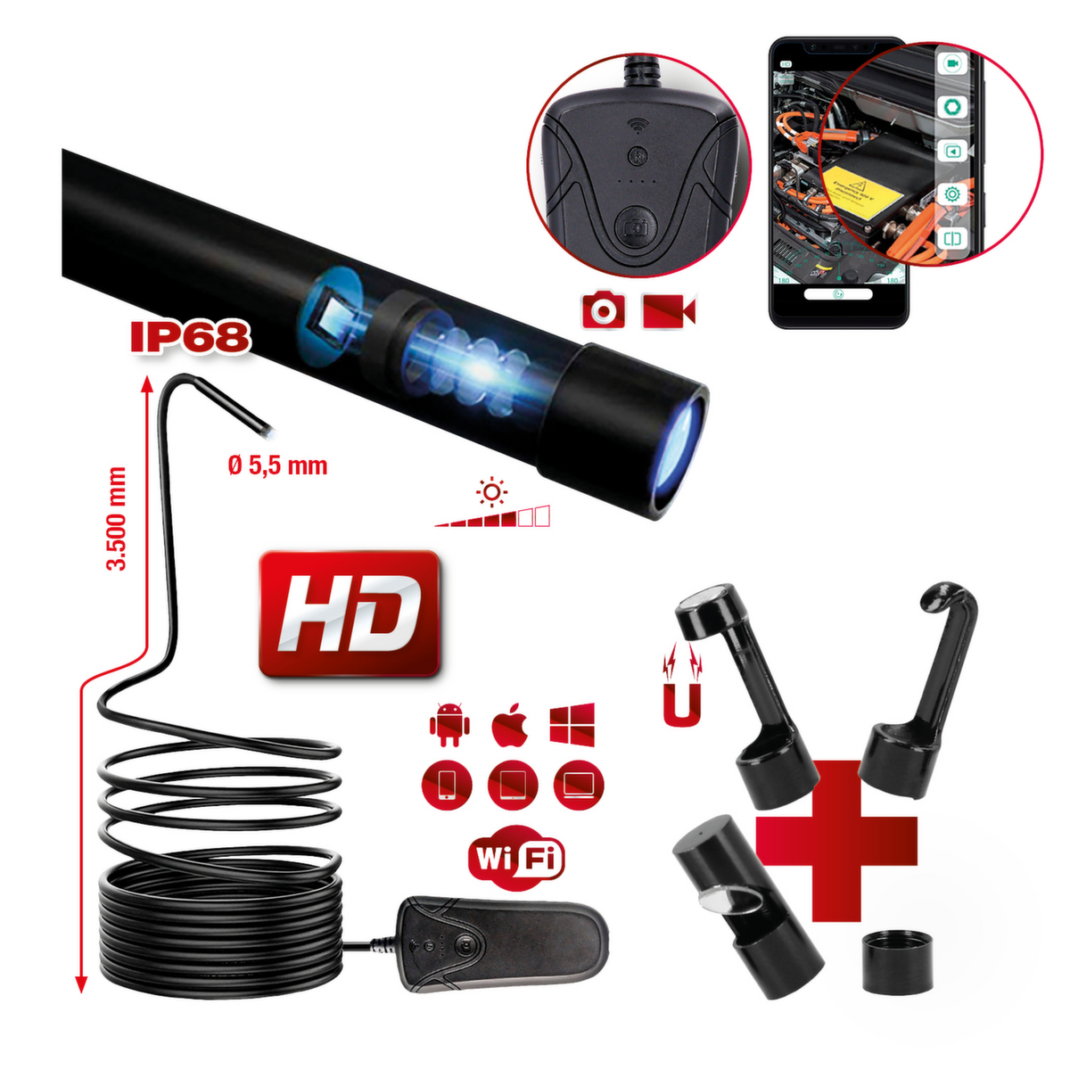 KS Tools Wi-Fi-Videoskop-Satz mit Ø 5,5 mm 0° HD Frontkamera-Sonde Standard 2 ZOOM