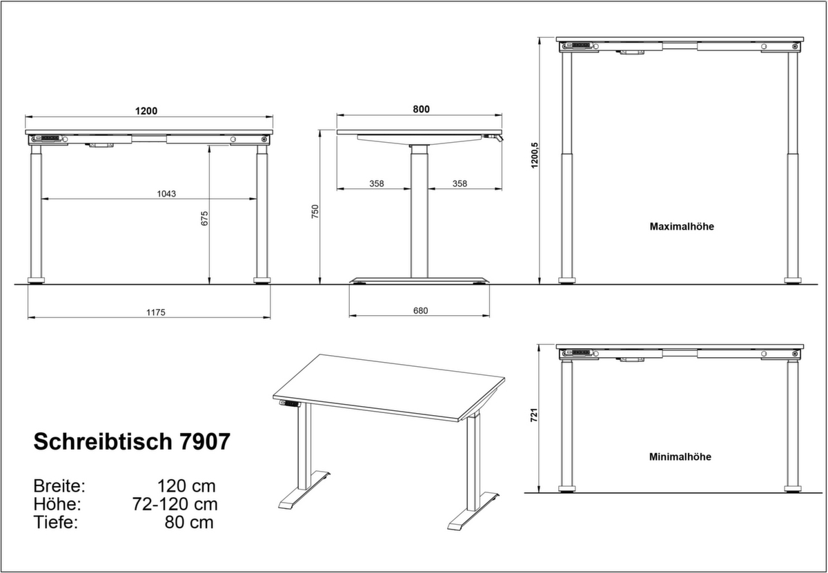 Höhenverstellbarer Schreibtisch GW-MAILAND Technische Zeichnung 1 ZOOM