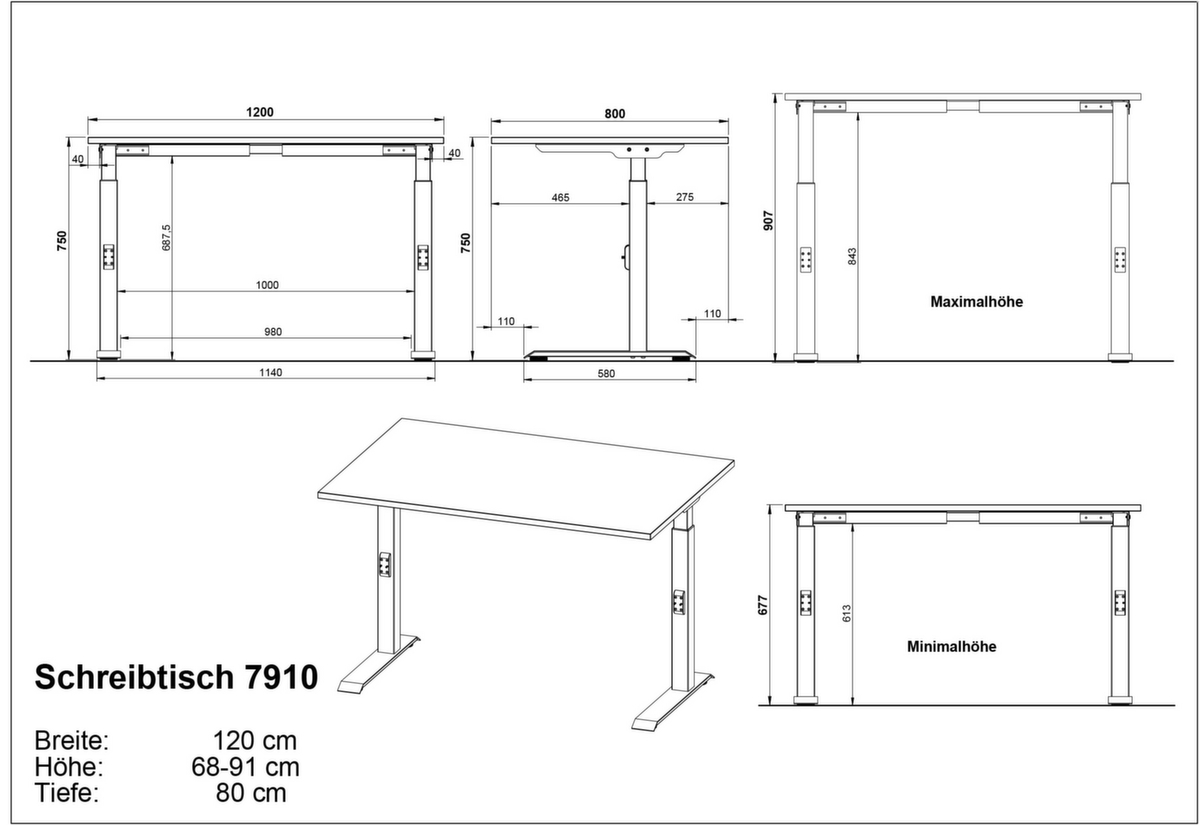 Höhenverstellbarer Schreibtisch GW-MAILAND 7910 Technische Zeichnung 1 ZOOM