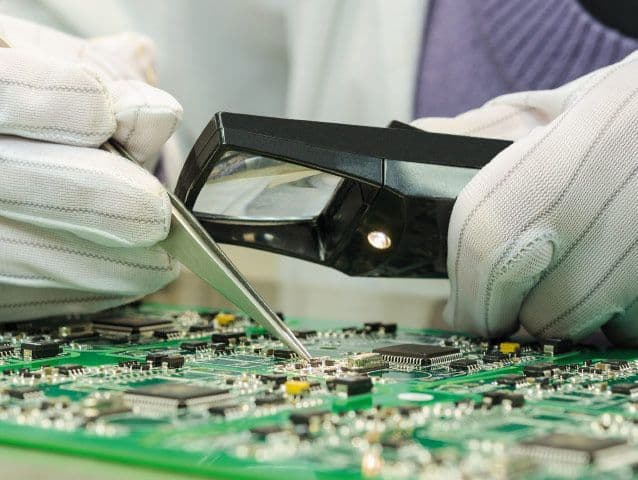 Arbeiten an einer Leiterplatte mit ESD Schutz zur Vermeidung elektrostatischer Entladung
